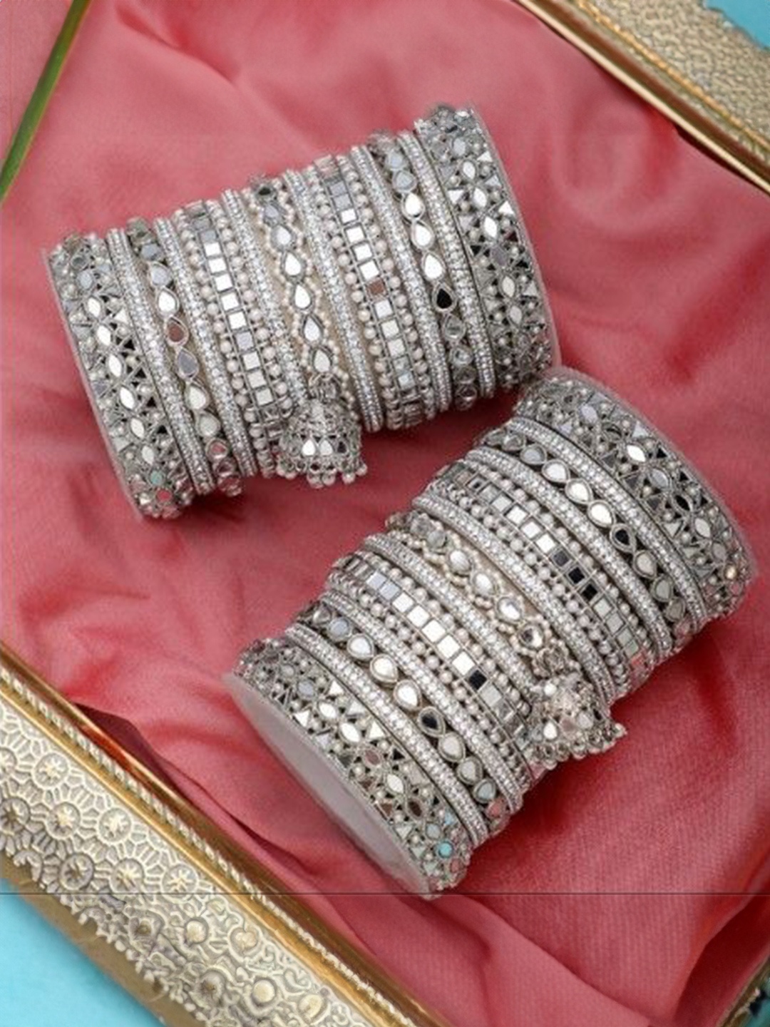 

leshya Set Of 2 Traditional Mirror Studded Jhumki Style Bangles, Silver