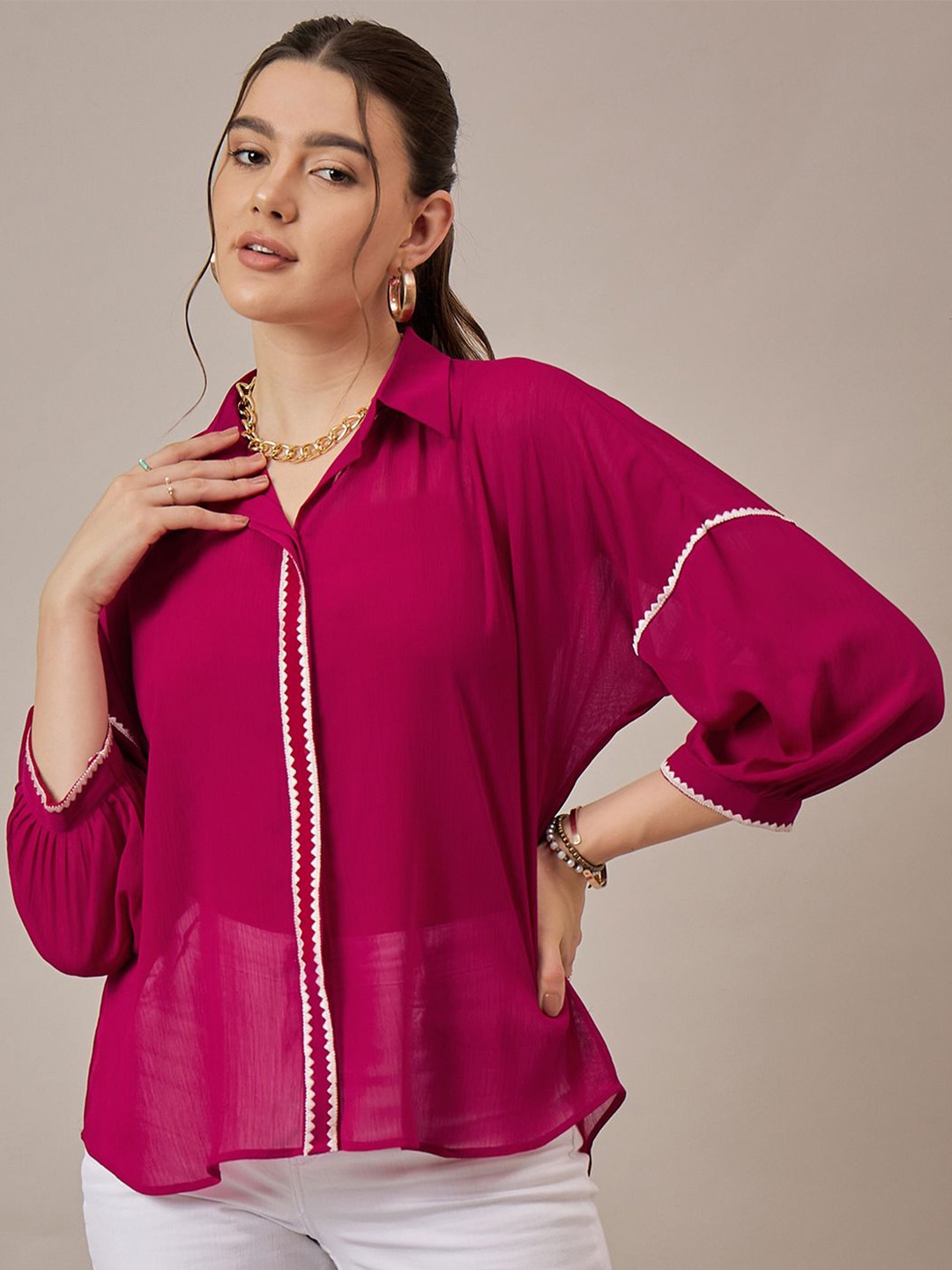 

CORSICA Women Oversized Fit Spread Collar Solid Casual Shirt, Magenta