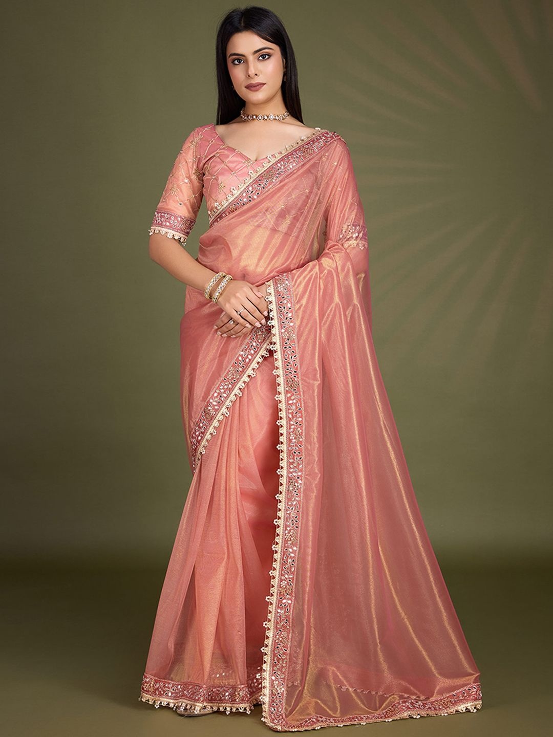 

Peachmode Mirror Embellished Net Saree With Unstitched Blouse Piece, Peach