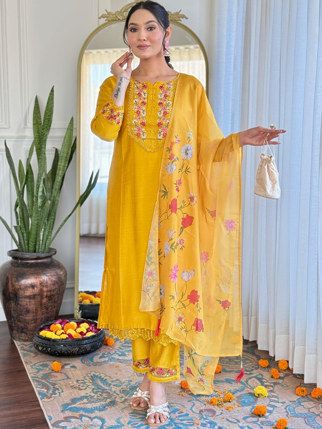 

IZIBRA Yoke Design Cotton Silk Straight Thread Work Kurta With Trousers And Dupatta, Yellow