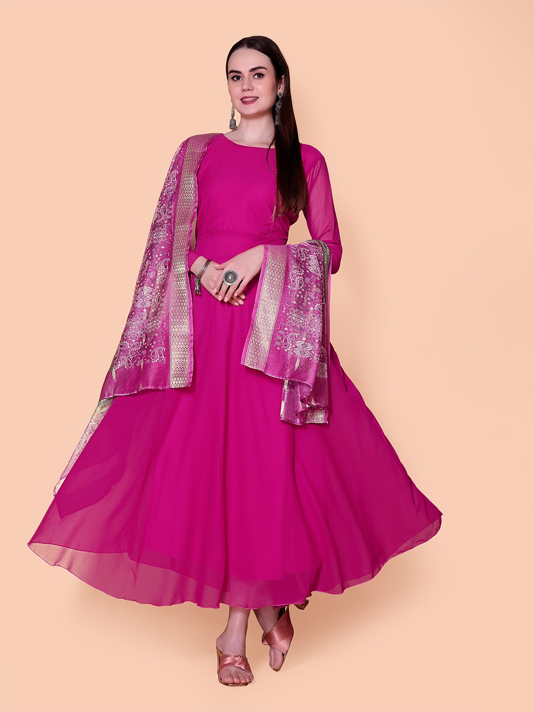 

Rinbin Women Boat Neck Georgette A-Line Midi Dress With Dupatta, Pink