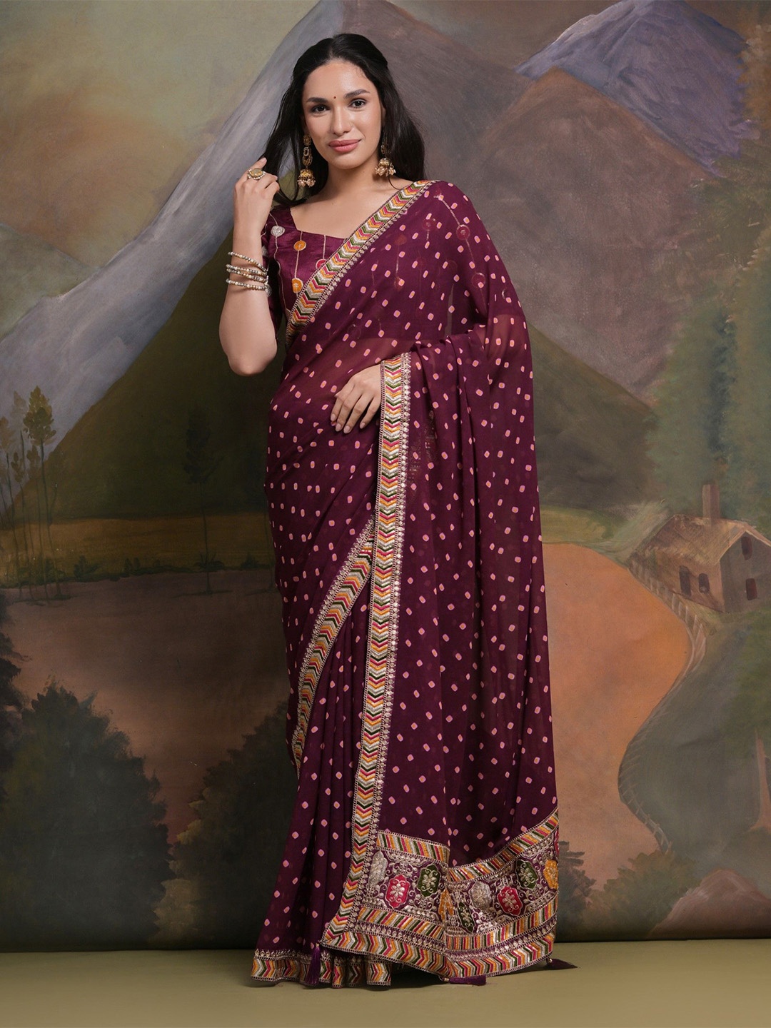 

LeeliPeeri Designer Polka Dots Printed Embroidered Saree, Burgundy