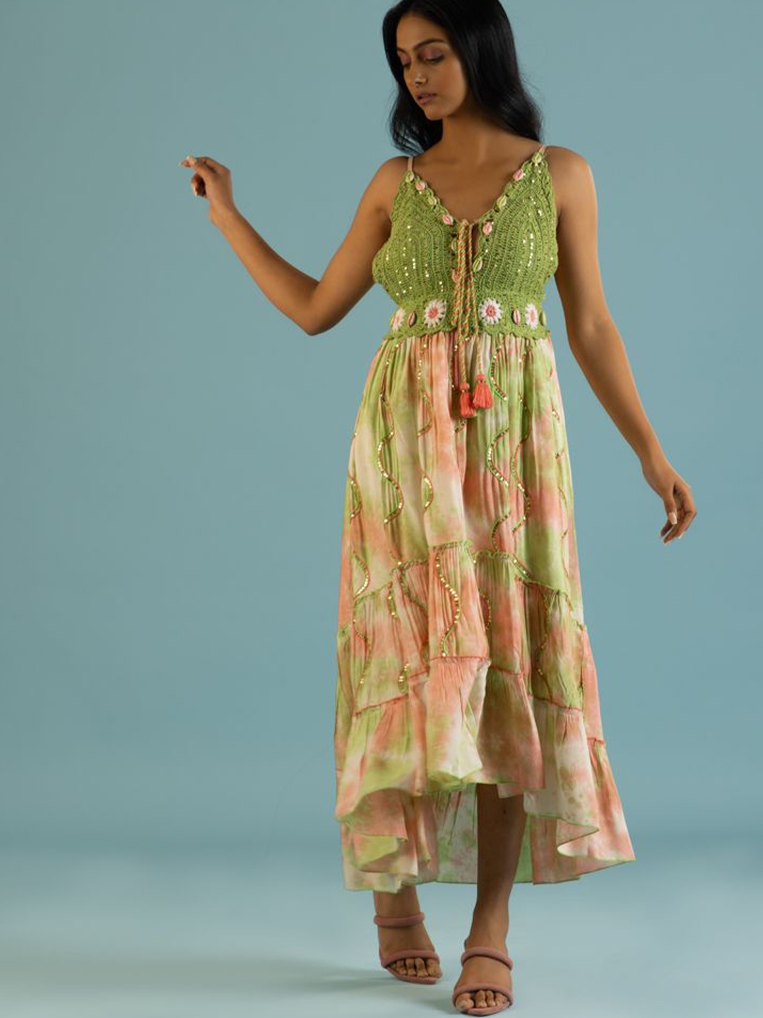 

Label Reyya Women Floral Print Fit & Flare Self Design Maxi Dress, Green