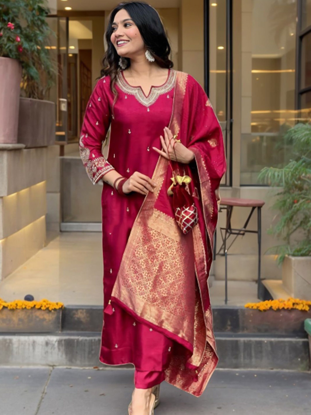 

Amrutam Fab Yoke Design Sequinned Raw Silk Kurta With Trousers & Dupatta, Maroon