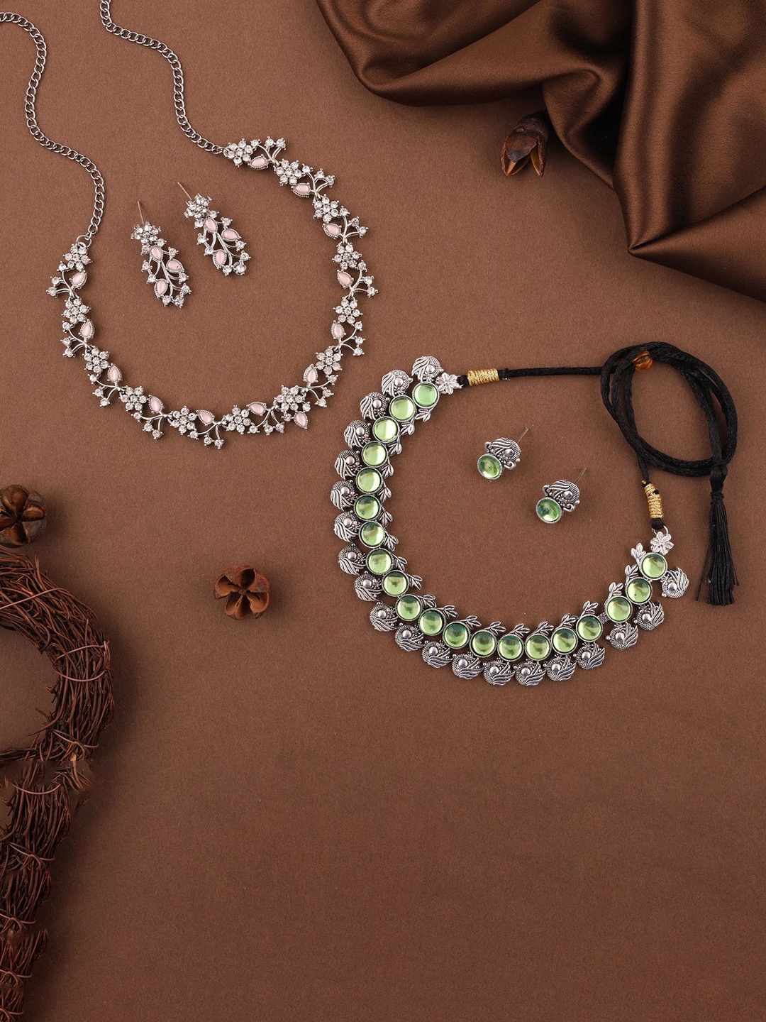 

Lyriss Set Of 2 Silver-Plated American-Diamond-Studded Jewellery Set
