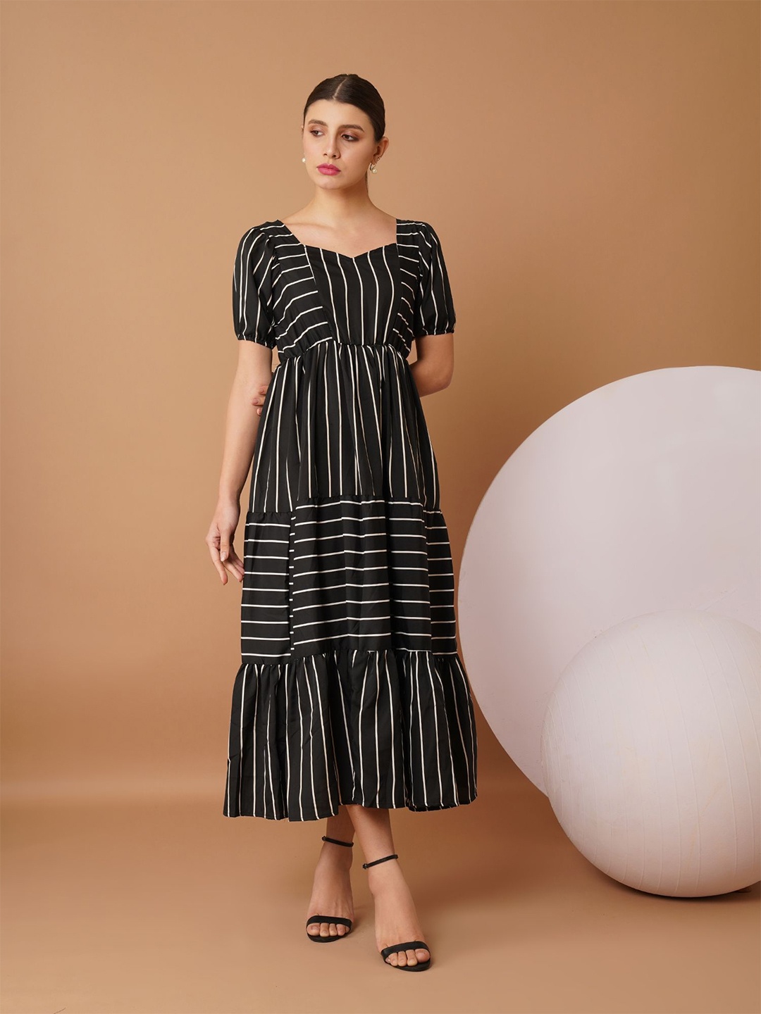 

Chemistry Striped Puff Sleeve Crepe Maxi Dress, Black