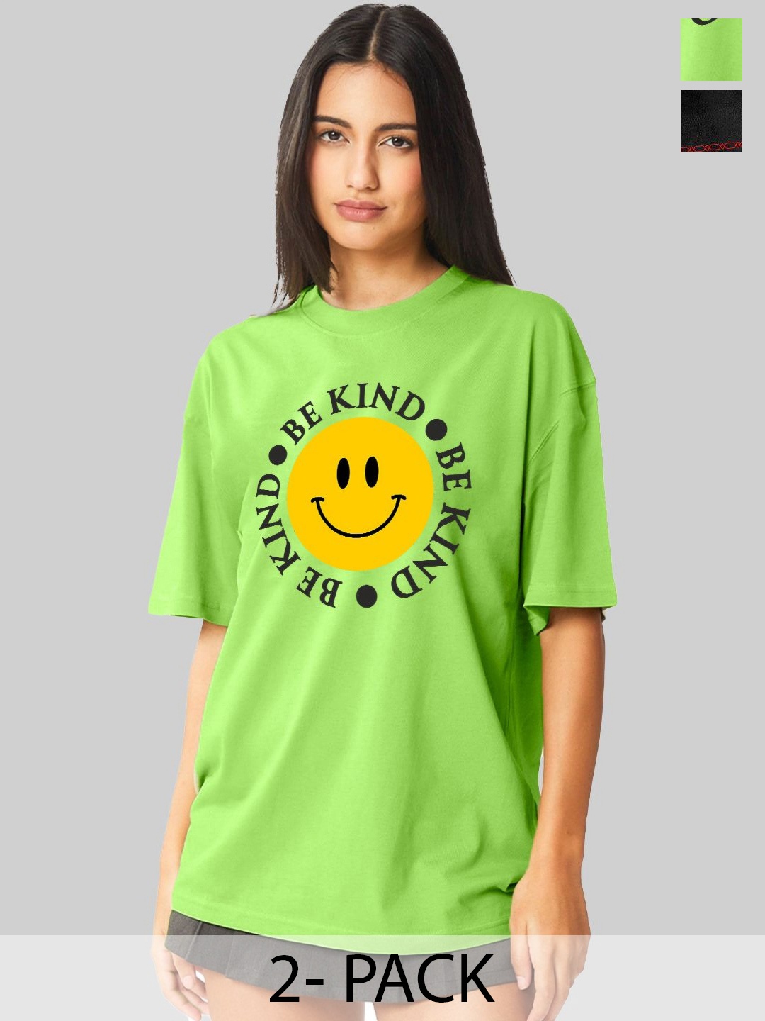 

Leotude Women Pack Of 2 Graphic Printed Round Neck Cotton Oversized T-shirts, Green