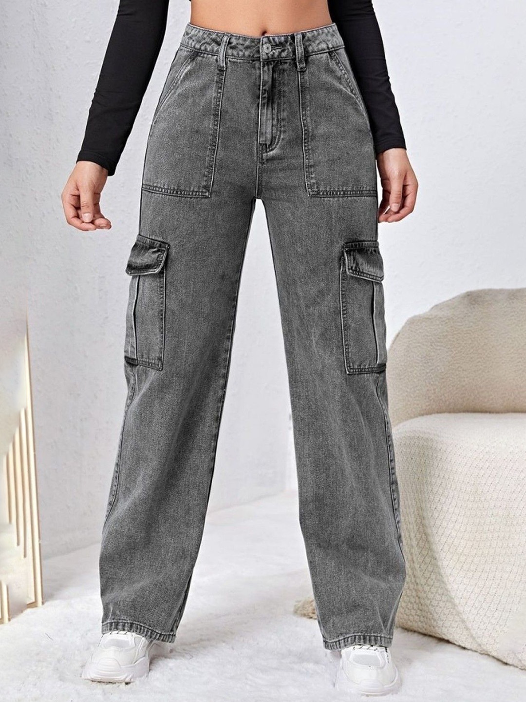 

BAESD Women Comfort Regular Fit Light Fade Stretchable Cargo Jeans, Grey