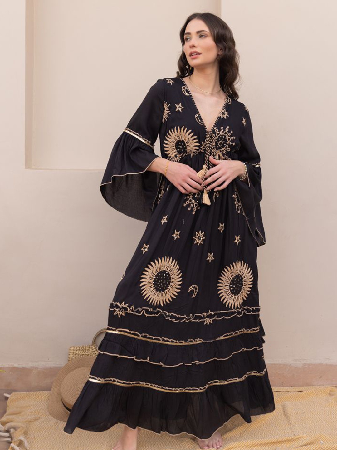 

Label Reyya Floral Embroidered Bell Sleeve Tie-Ups Detail Cotton Empire Maxi Dress, Black