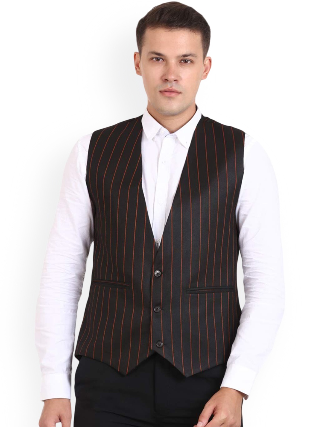 

VEERA PARIDHAAN Striped Woven Waistcoat, Black