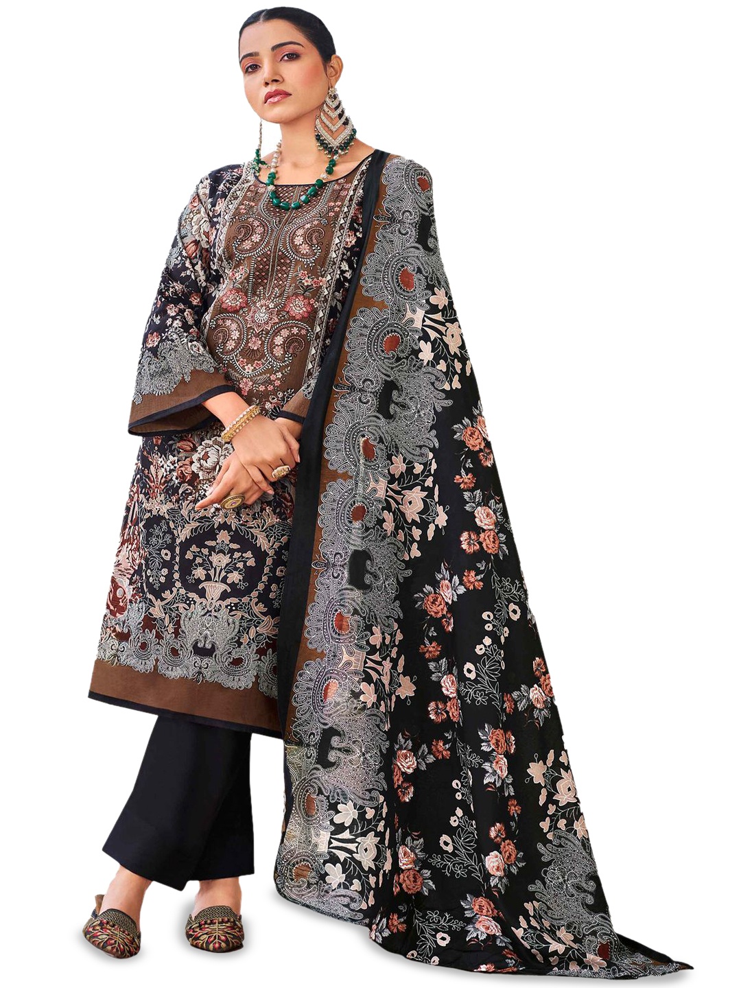 

DRAVINAM Trends Floral Embroidered Pure Cotton Unstitched Dress Material, Black