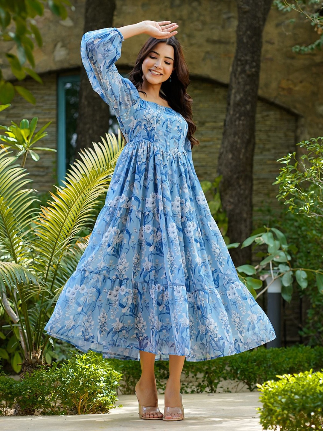 

NOUN Women Floral Printed Fit and Flare Dress, Blue