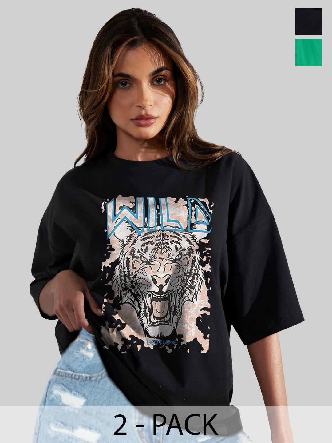 

Leotude Women Pack Of 2 Graphic Printed Round Neck Cotton Oversized T-shirts, Black