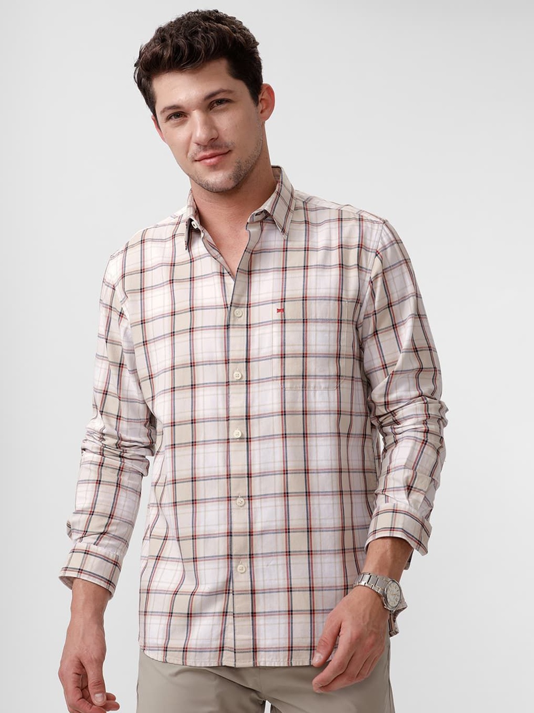 

Basics Men Slim Fit Spread Collar Tartan Checked Cotton Casual Shirt, Beige