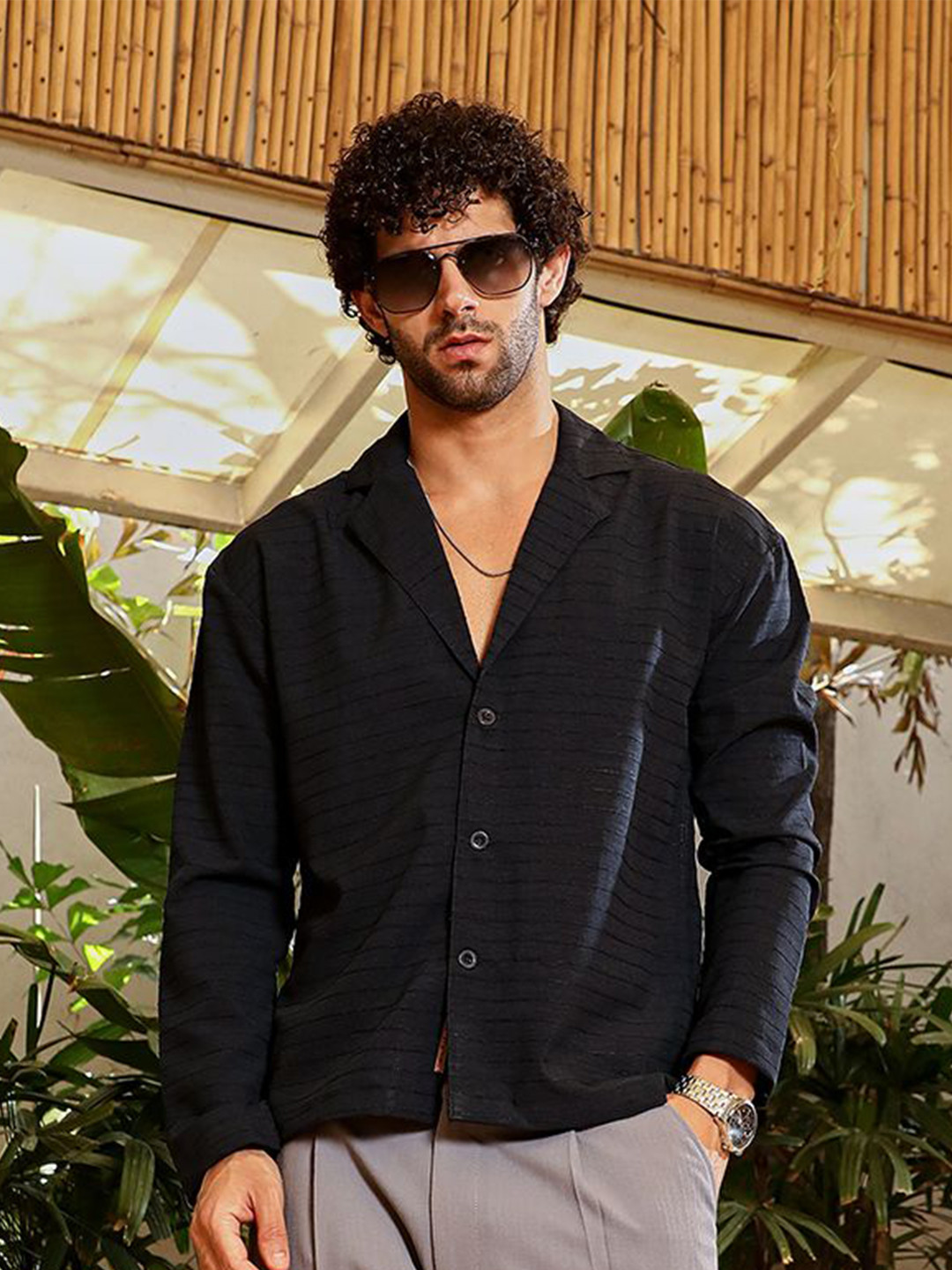 

Campus Sutra Men Classic Fit Cuban Collar Textured Cotton Casual Shirt, Black