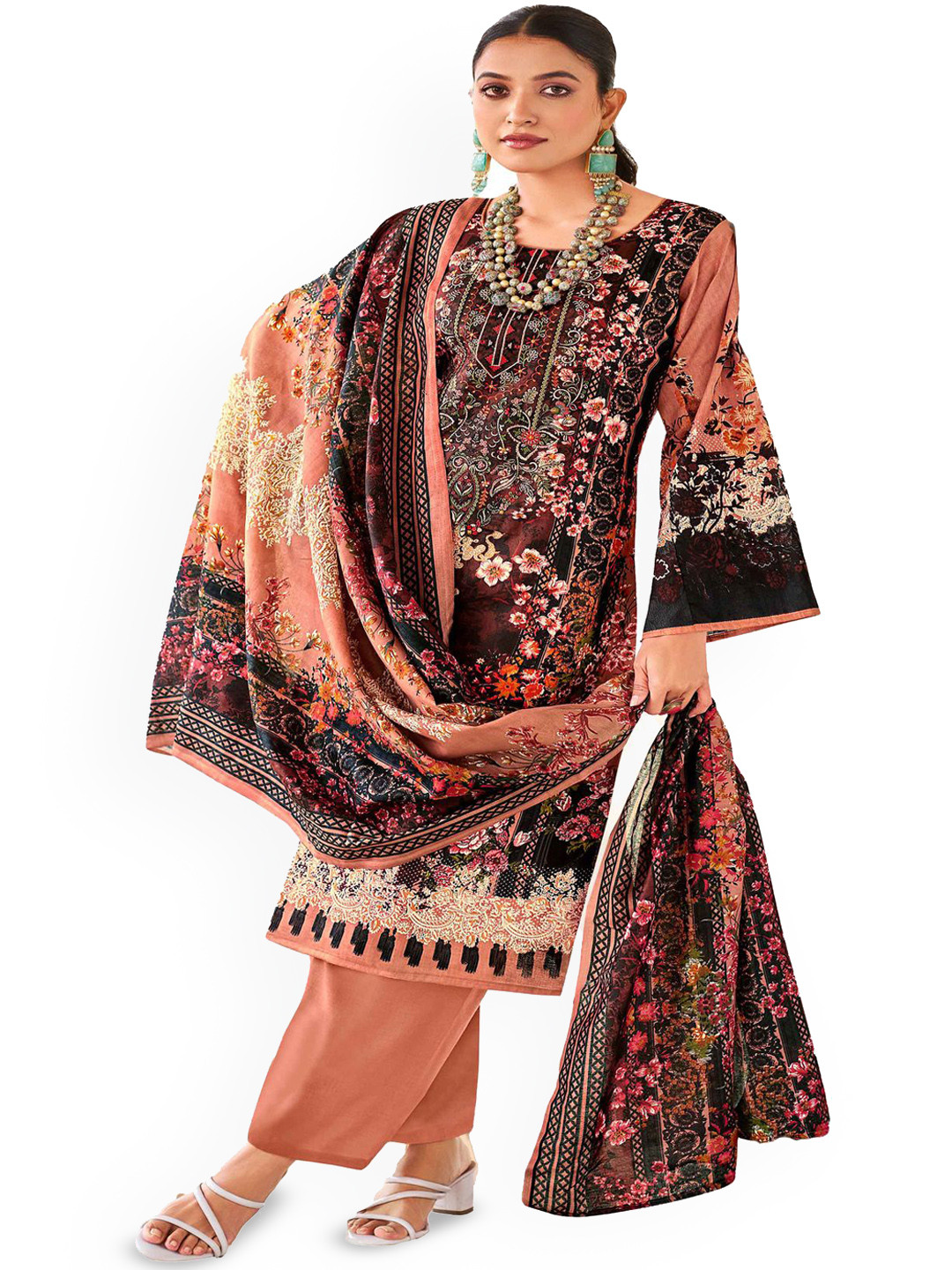 

DRAVINAM Trends Embroidered Thread Work Pure Cotton Unstitched Dress Material, Orange