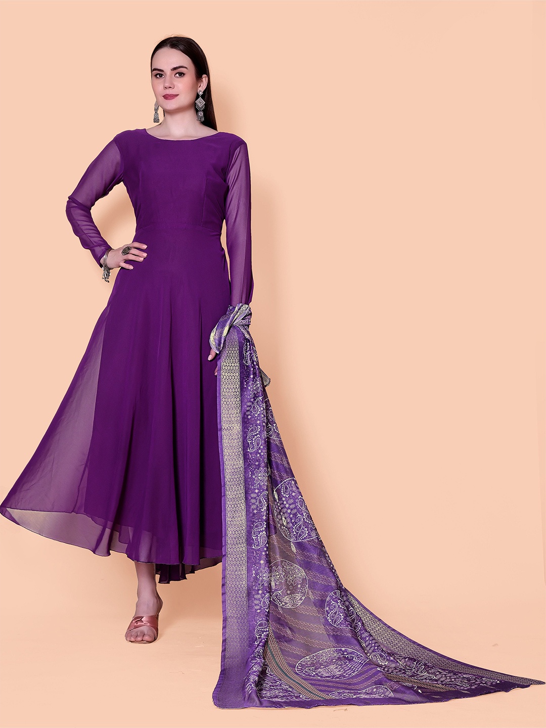 

Rinbin Georgette Fit and Flare Maxi Dress Comes with a Dupatta, Purple