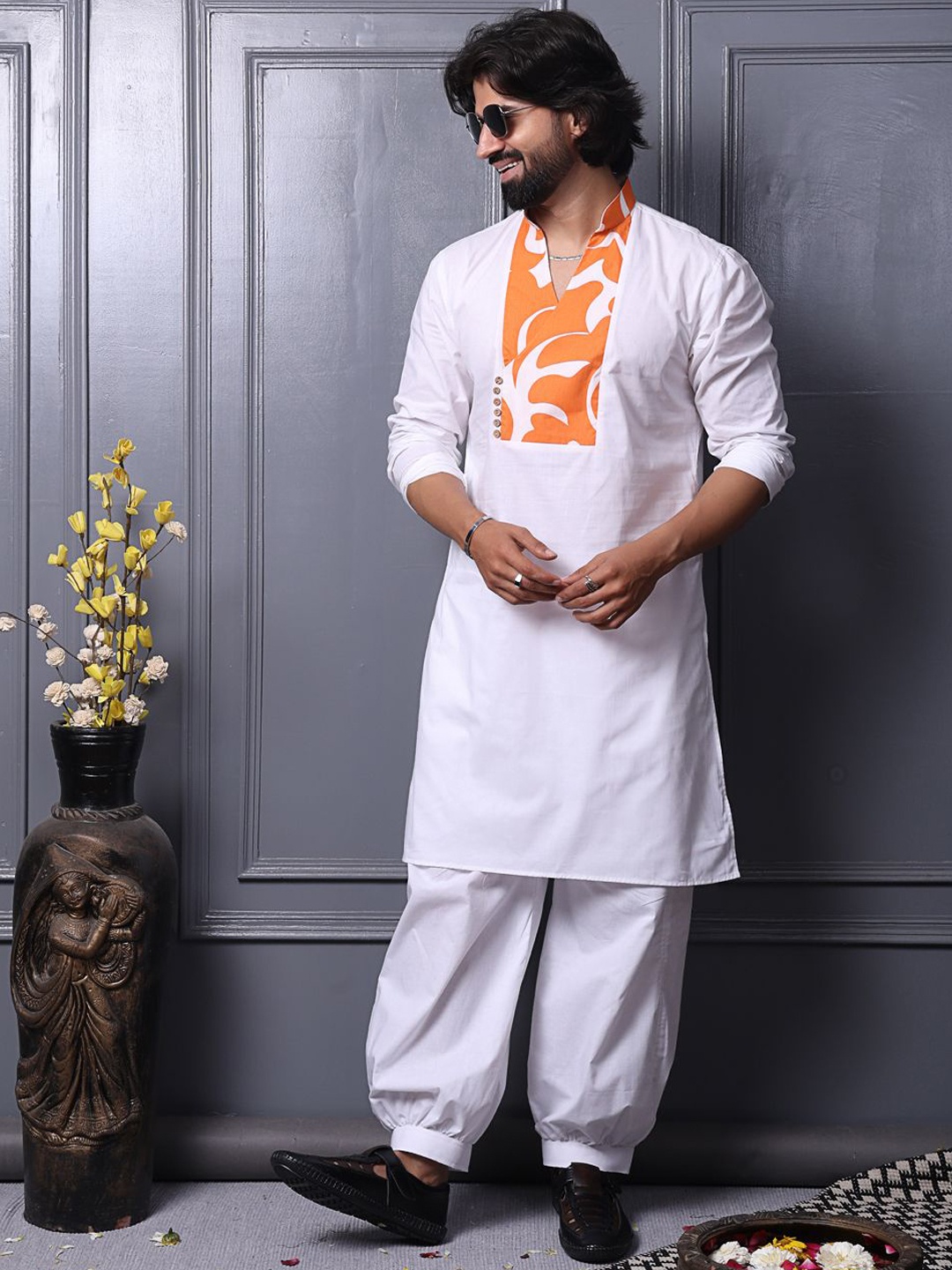 

MIDAV Men Yoke Design Thread Work Indie Prints Pathani Kurta, White