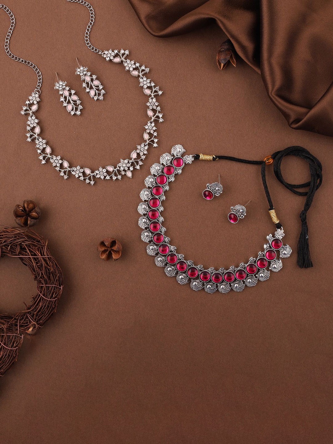 

Lyriss Set Of 2 Silver-Plated American Diamonds Studded Jewellery Sets