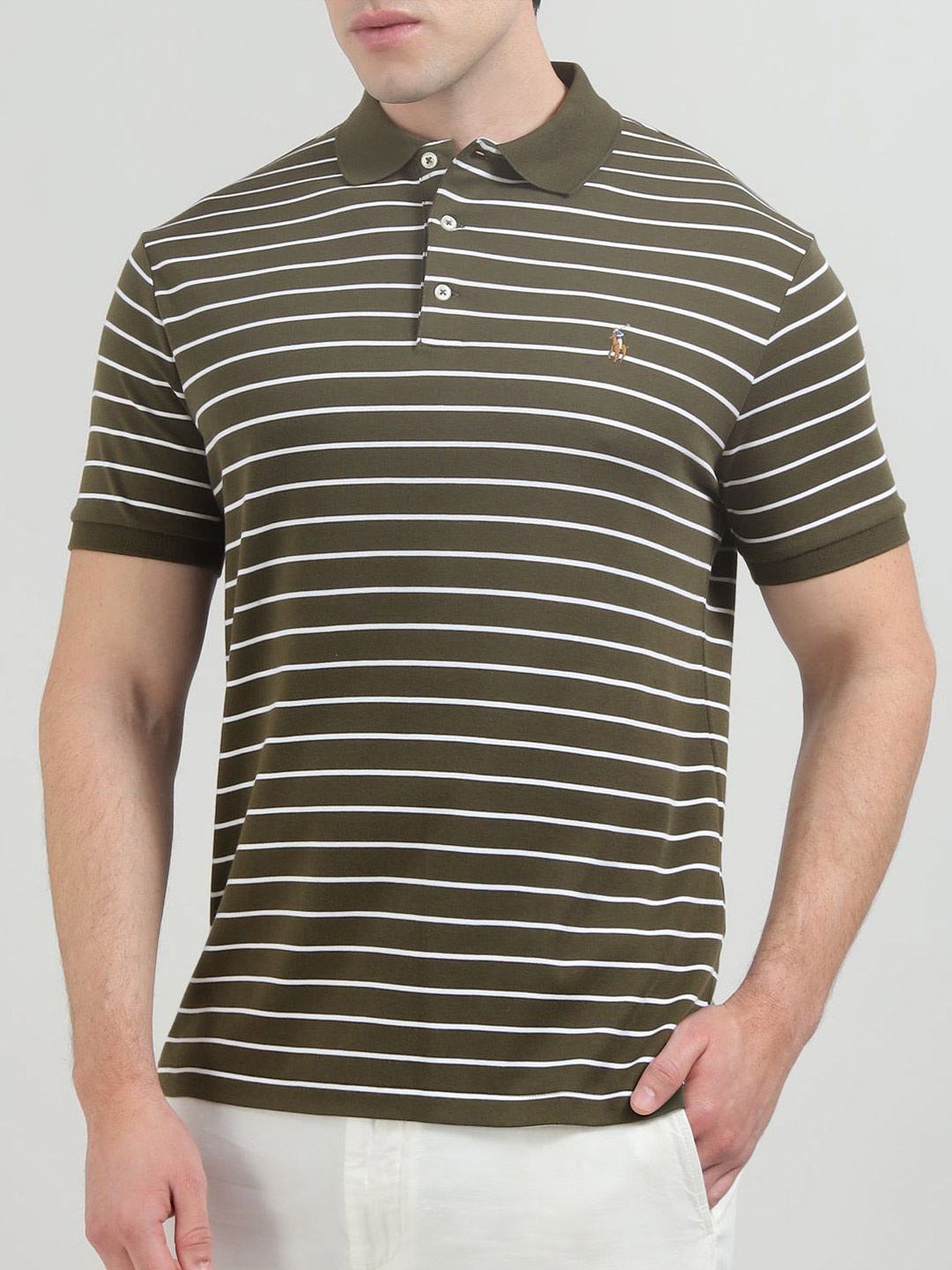 

Polo Ralph Lauren Striped Pure Cotton Custom Slim Fit Polo Collar T-Shirt, Brown