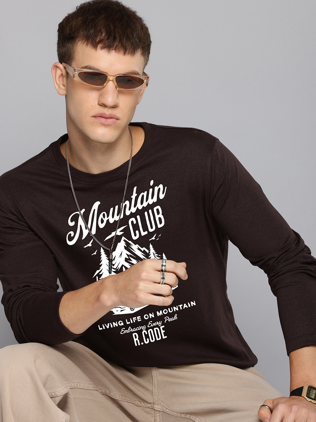 

R.Code by The Roadster Life Co. Men Typography Printed Raw Edge T-shirt, Coffee brown
