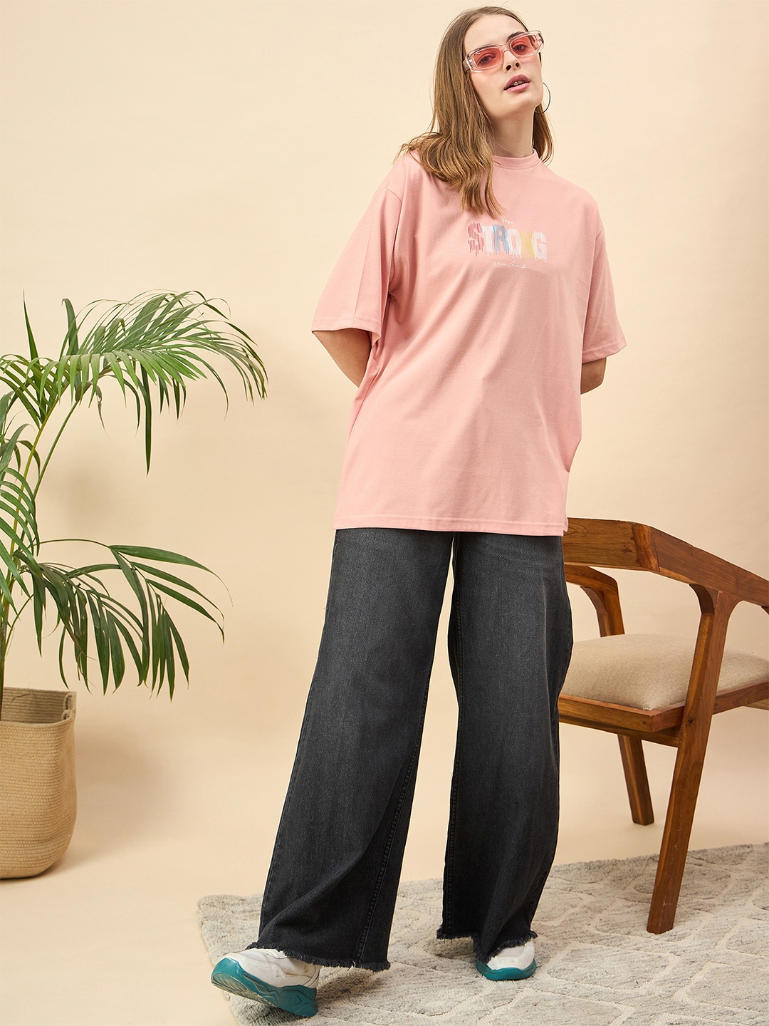 

Mast & Harbour Women Printed Drop-Shoulder Sleeves T-shirt, Peach