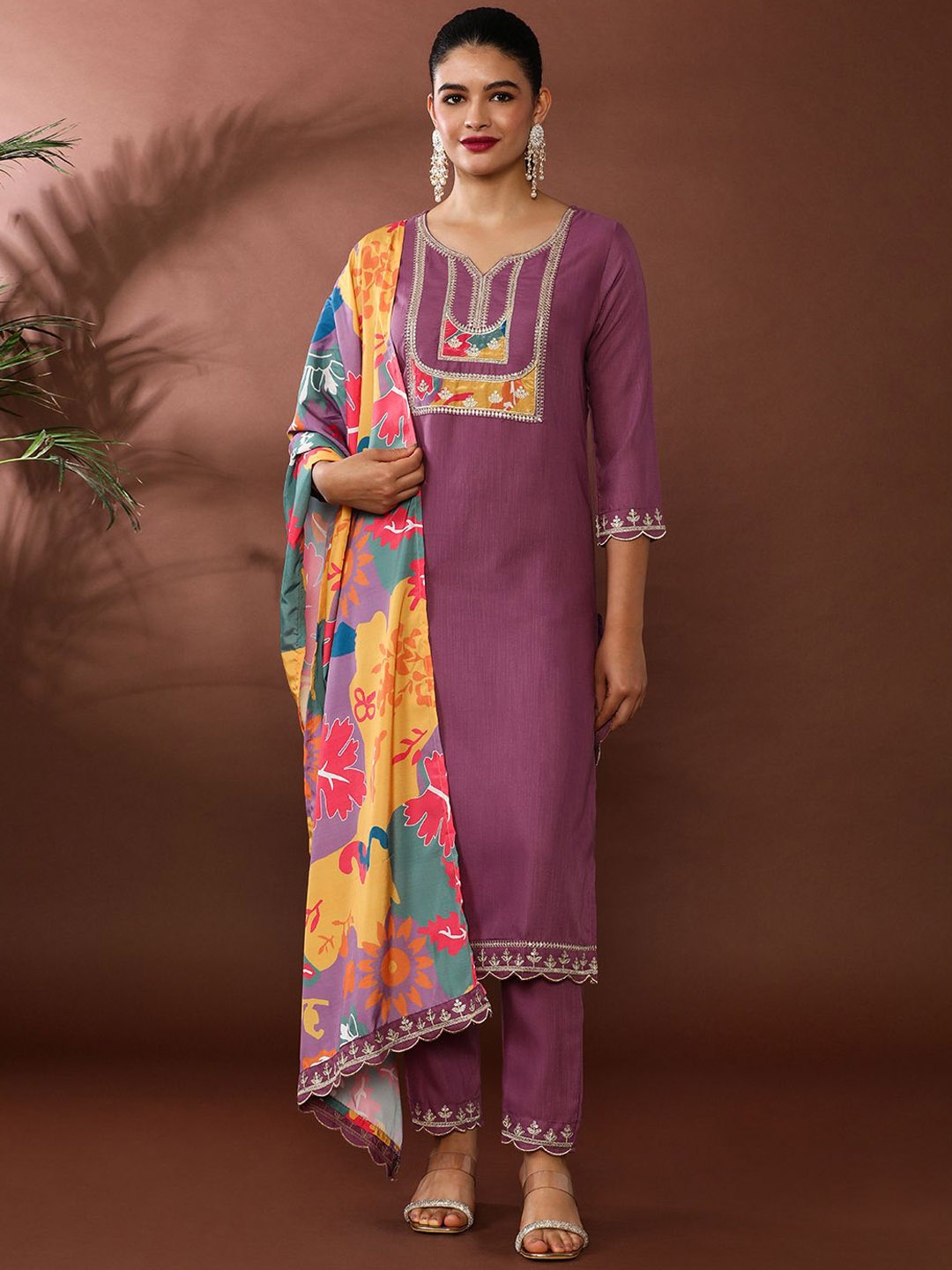 

Jaipur Kurti Floral Yoke Design Notch Neck Straight Kurta With Trousers & Dupatta, Purple