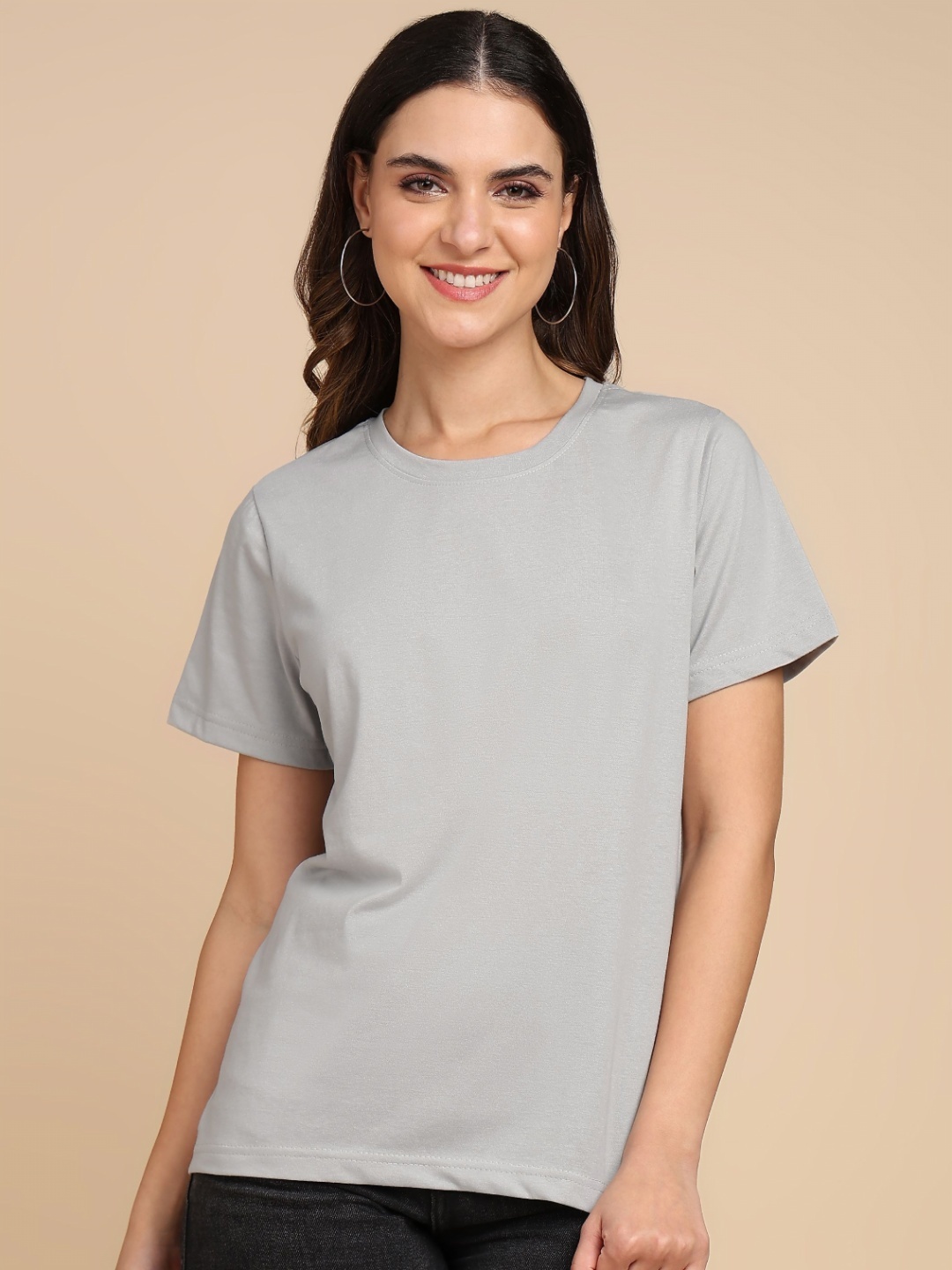 

Adyavastram Women Solid Round Neck Cotton T-shirt, Grey