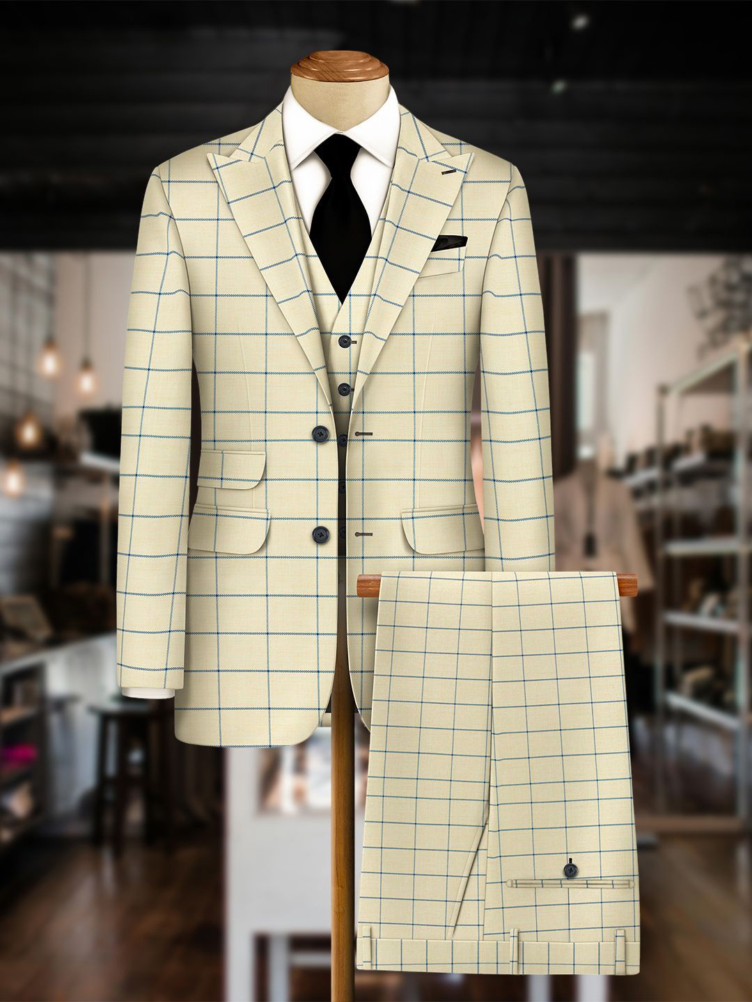 

Bigreams Men Unstitched Checked Three Piece Suit Clothing Fabric, Cream