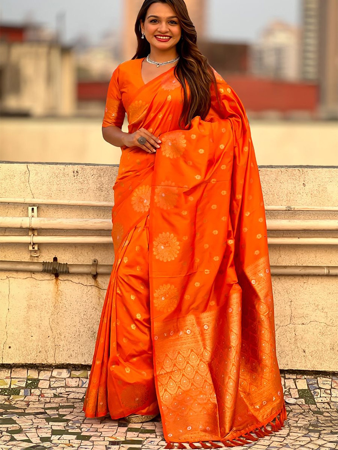 

all about you Ethnic Motifs Woven Design Zari Banarasi Saree, Orange