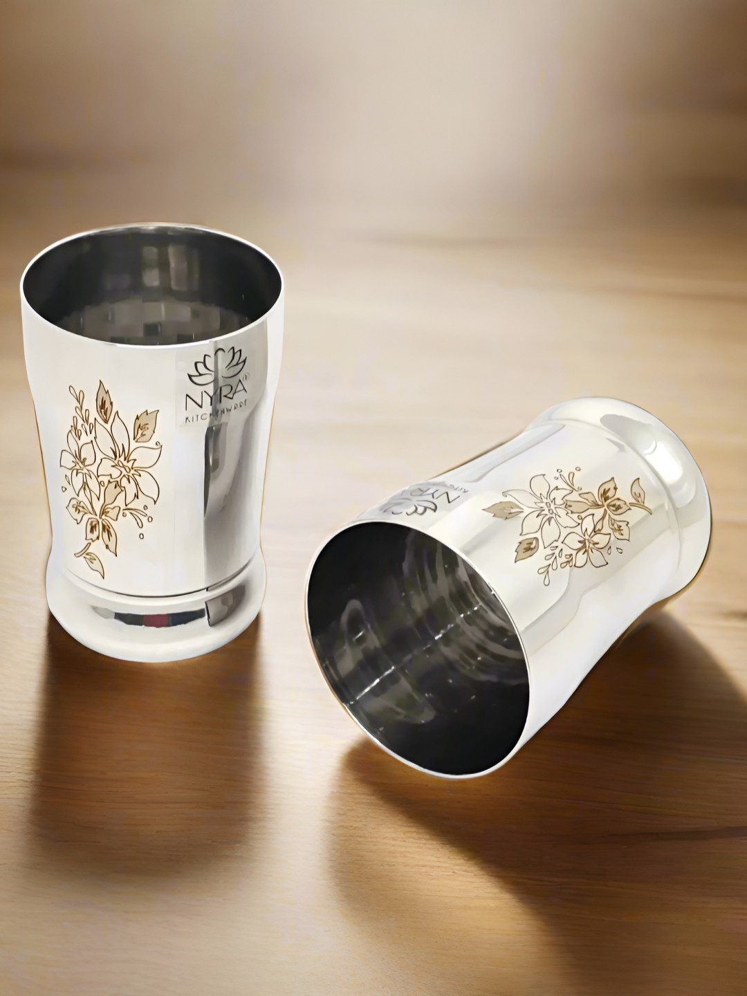 

Nyra Kitchenware Silver-Toned 2 Pieces Floral Stainless Steel Water Glasses-350 ml Each