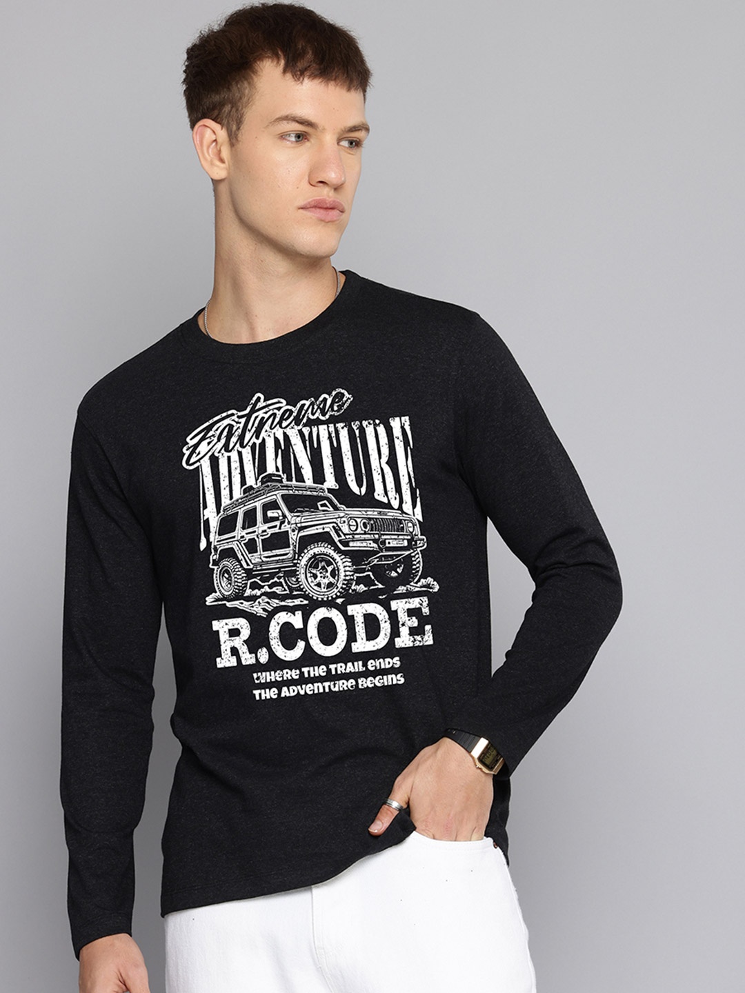 

R.Code by The Roadster Life Co. Men Typography Printed Raw Edge T-shirt, Charcoal