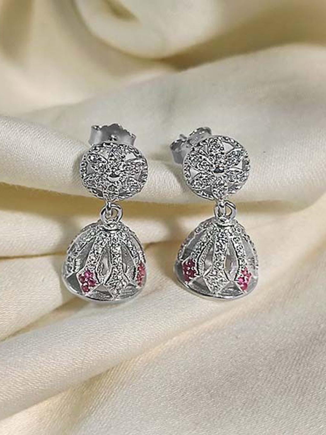 

INARI SHINES 925 Sterling Silver Rhodium-Plated Stones Studded Dome Shaped Jhumkas