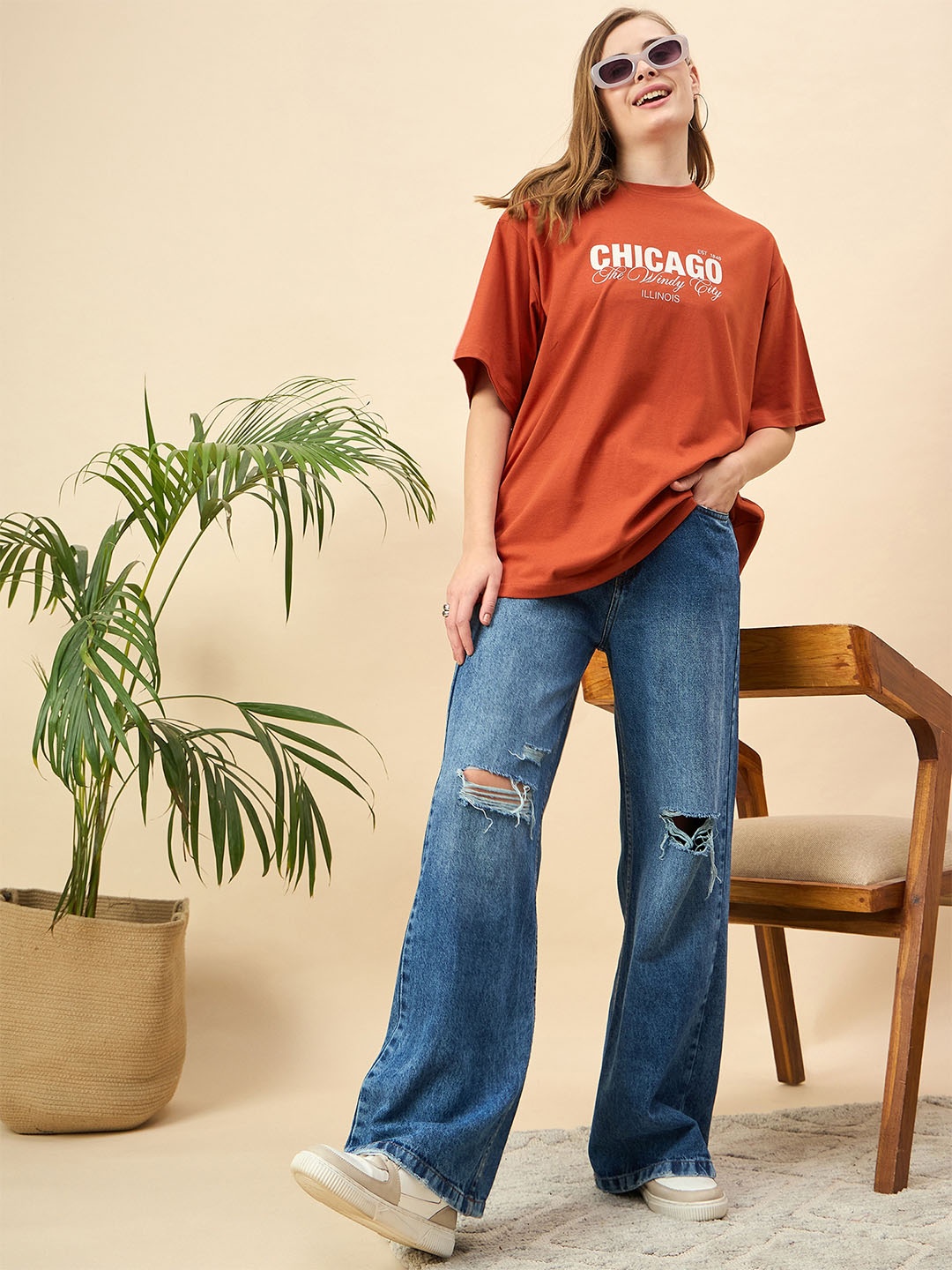 

Mast & Harbour Women Printed Drop-Shoulder Sleeves T-shirt, Orange