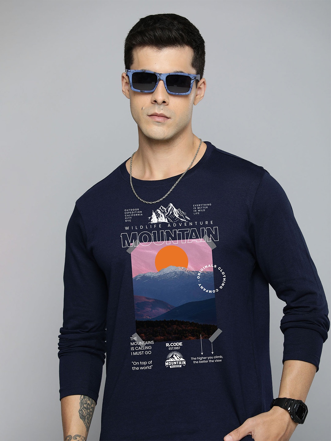 

R.Code by The Roadster Lifestyle Co. Men Graphic Printed Round Neck Cotton T-shirt, Navy blue