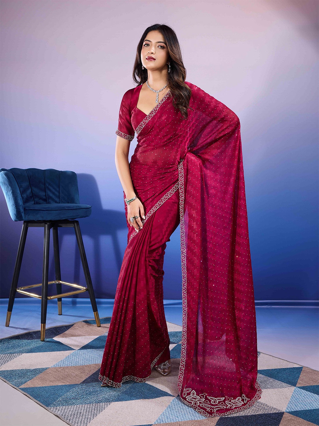 

DIVASTRI Embellished Beads and Stones Designer Saree, Magenta