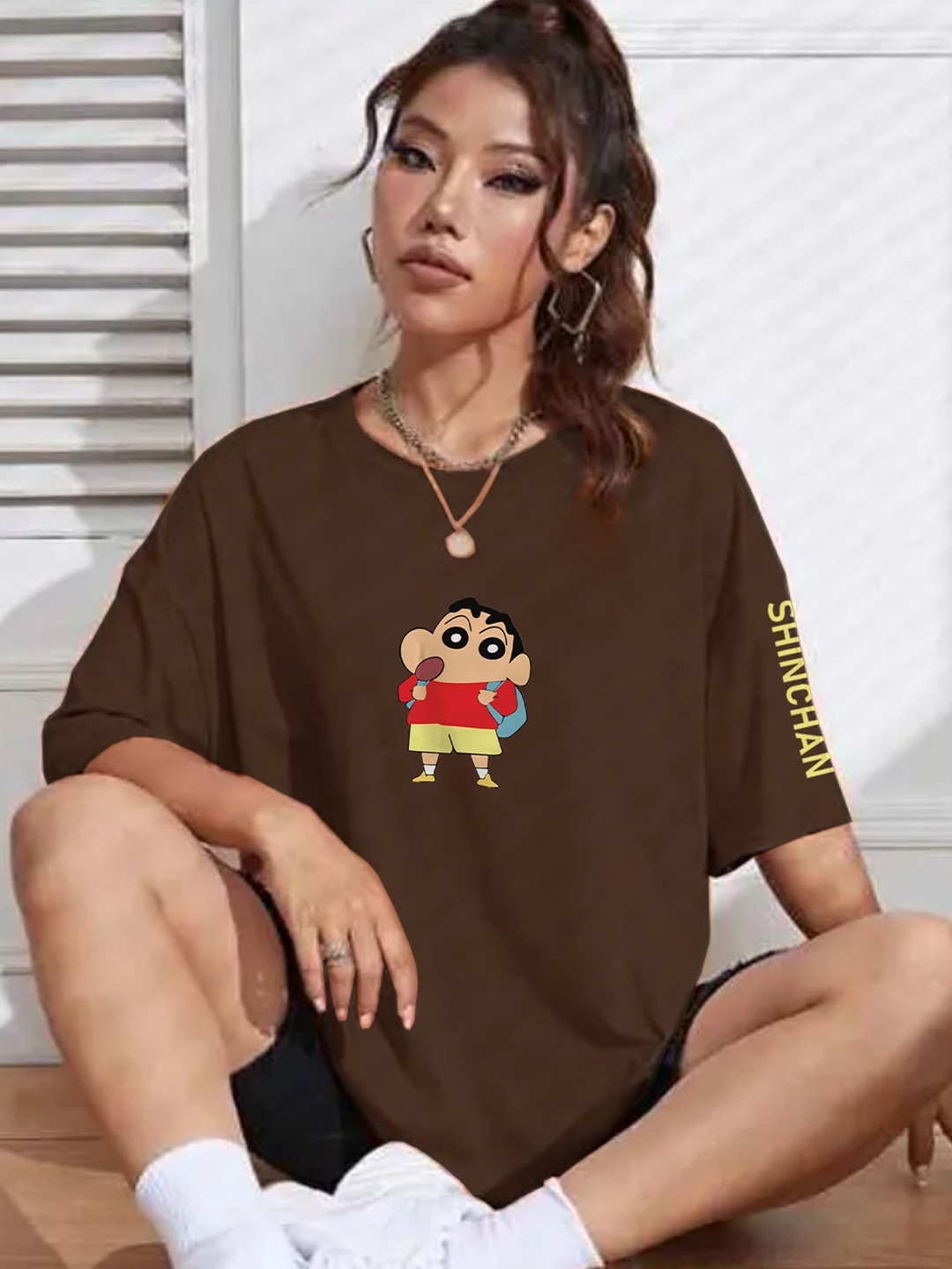 

TOGS & TERRE Women Graphic Printed Round Neck Cotton Oversized T-shirt, Brown