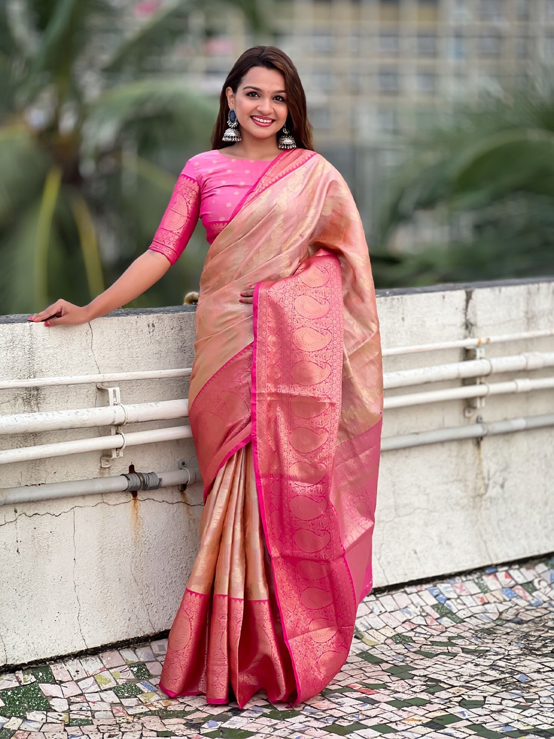 

Rangtulika Ethnics Women Woven Design Zari Kanjivaram Saree, Peach