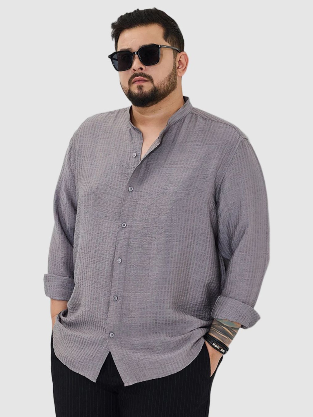

Snitch Men Plus Size Classic Regular Fit Band Collar Textured Casual Shirt, Grey