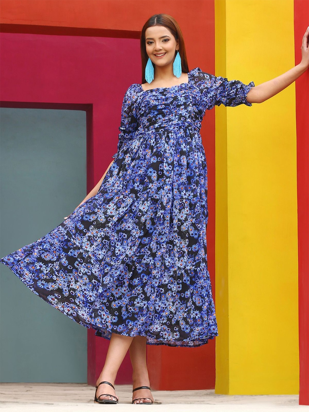 

NOUN Women Floral Printed Puff Sleeves Ruffles Midi Fit and Flare Dress, Blue