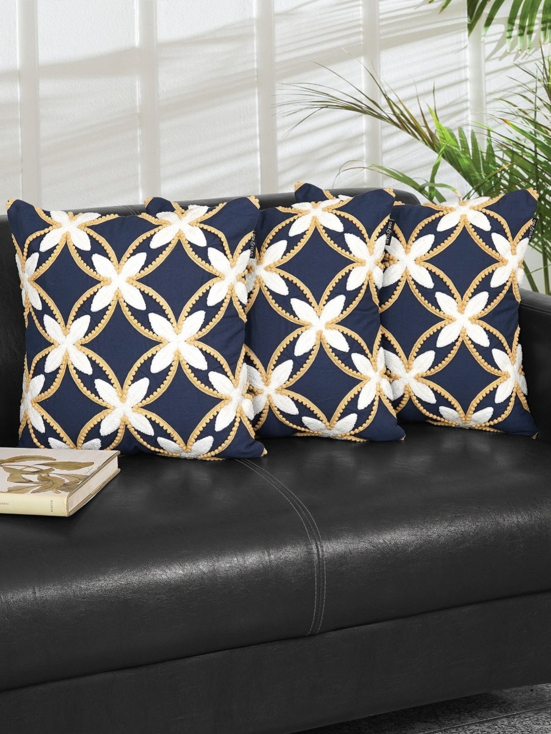 

Ode & Cleo Blue & White Set of 3 Embroidered Square Cushion Covers