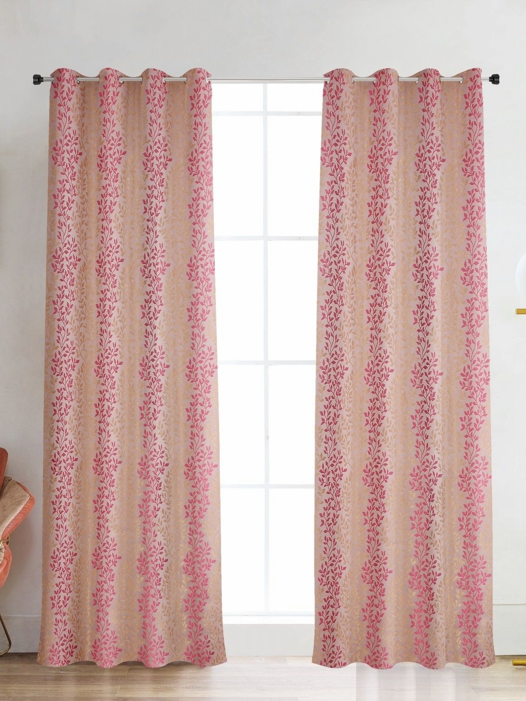 

Galaxy Home Decor Pink & Gold Toned 2 Pcs Floral Printed Room Darkening Door Curtains