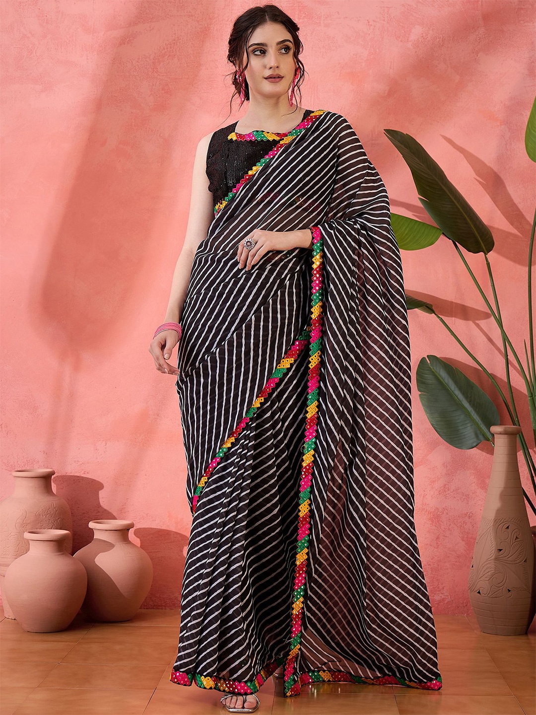 

Sangria Leheriya Printed With Embellished Mirror Work Border Pure Georgette Saree, Black