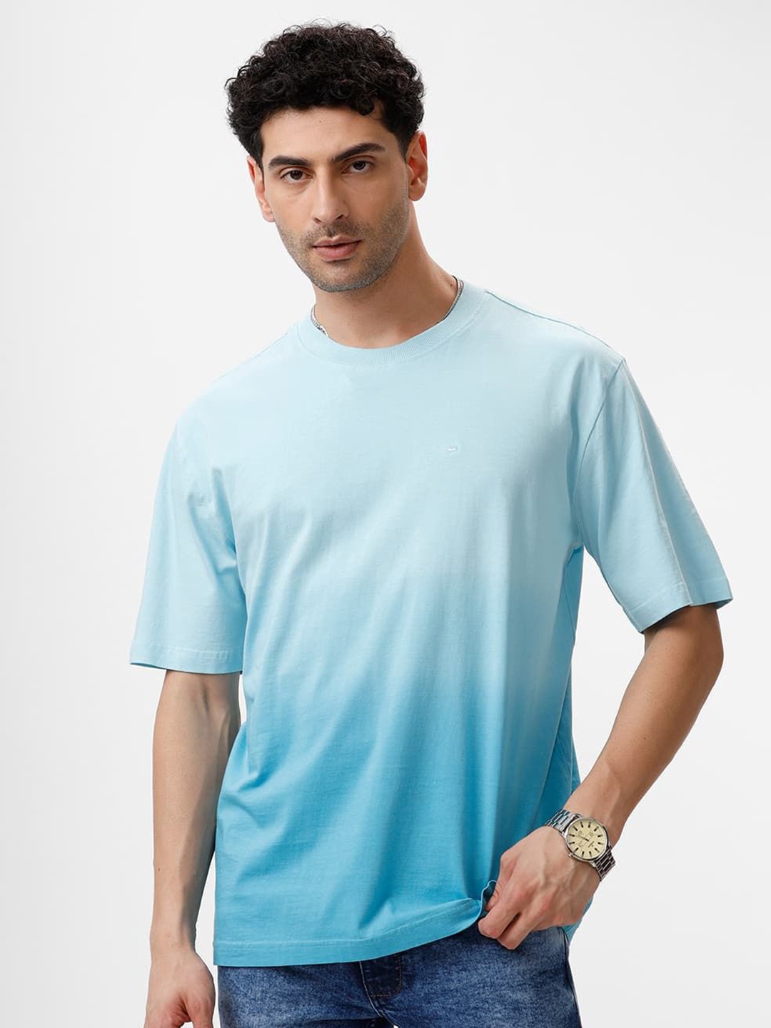 

Basics Men Dyed Round Neck Cotton Relaxed Fit T-shirt, Blue