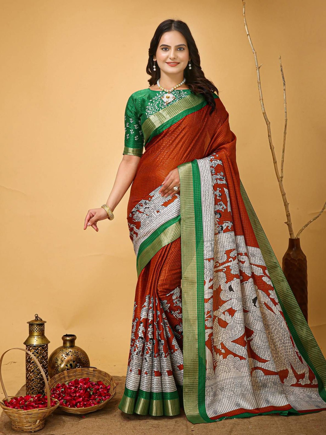 

HERE&NOW Kalamkari Pure Cotton Kanjeevaram Saree, Green