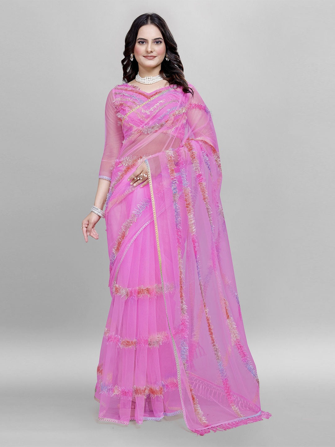 

APNISHA Embellished Gotta Patti Net Saree, Pink