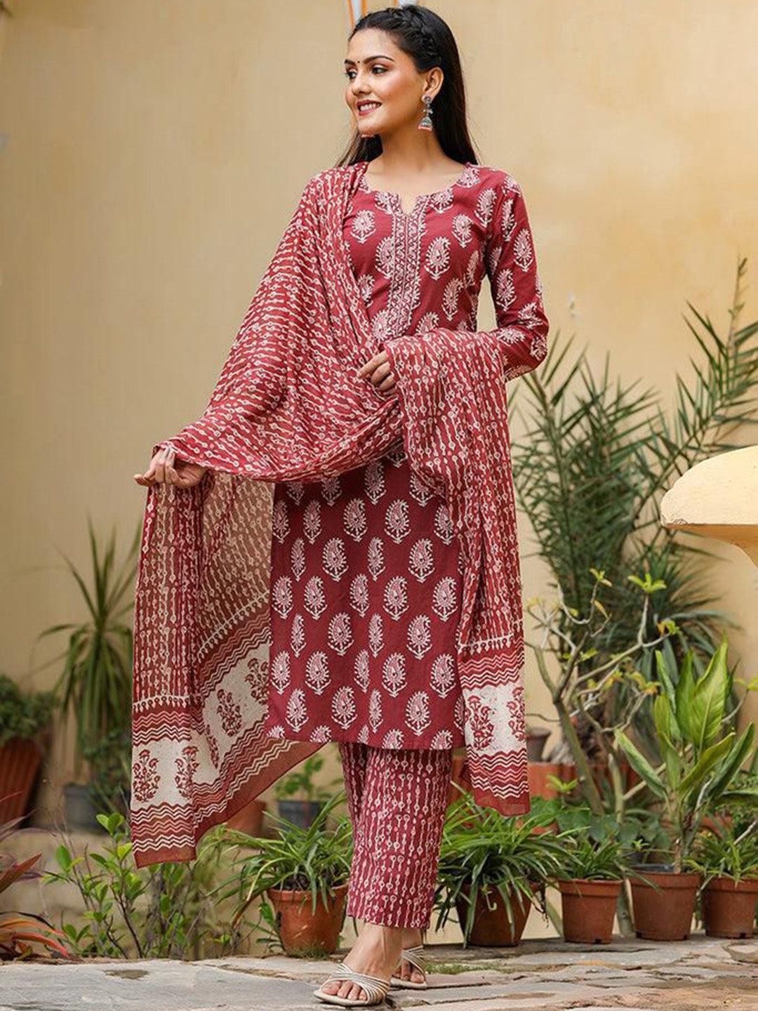 

KWEEN Paisley Printed Notch Neck Pure Cotton Straight Kurta With Trousers And Dupatta, Maroon