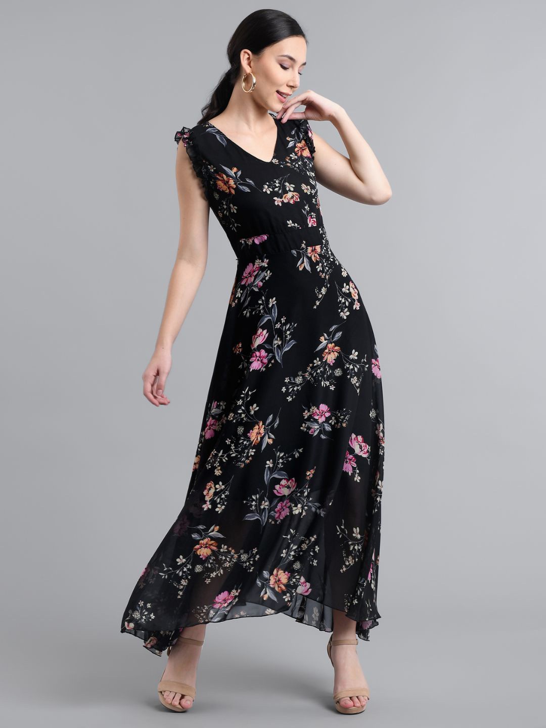 

VIVIENT Floral Printed Frills Detail V-Neck Georgette Maxi Dress, Black