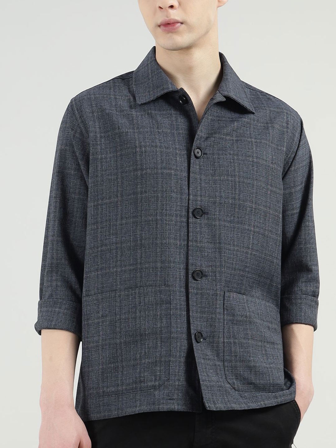 

Eton Checked Two Pocket Wool Shacket, Grey