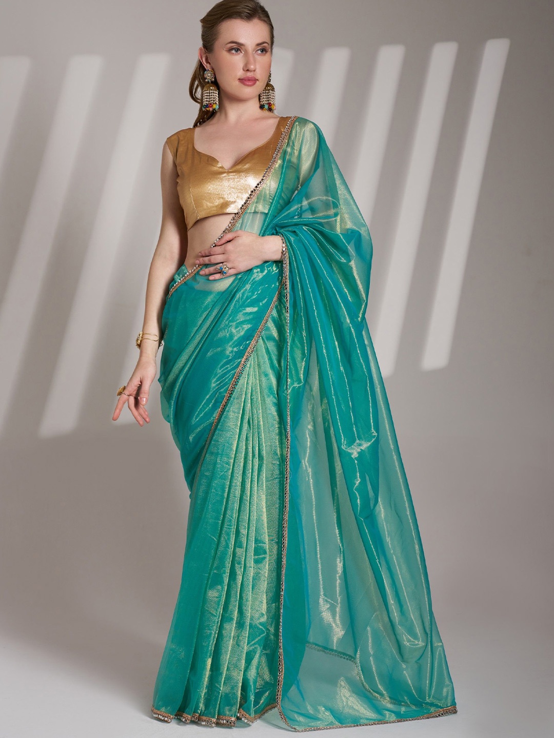 

MAHALASA Women Net Saree With Sequinned Border, Green